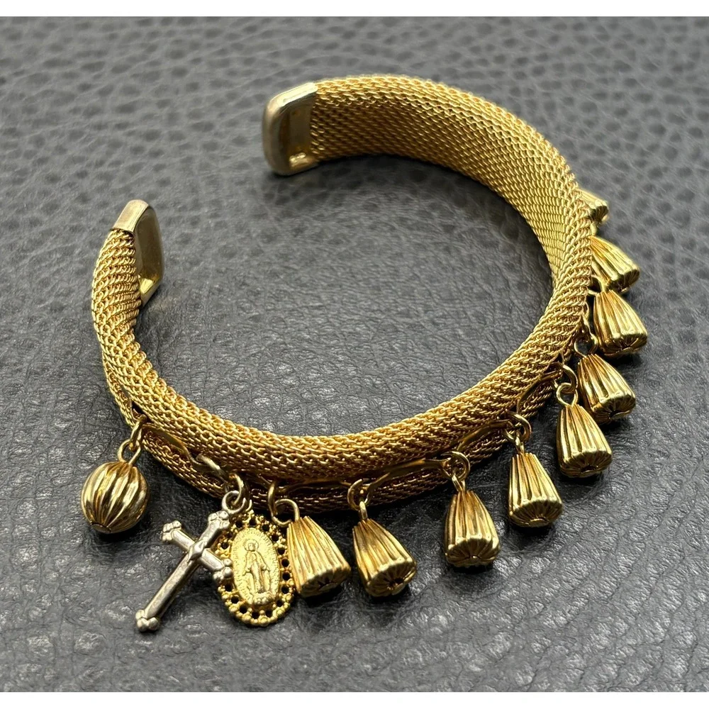 Vintage Mesh Bracelet Cuff Charm Dangle Cross Madonna Medal Gold Tone